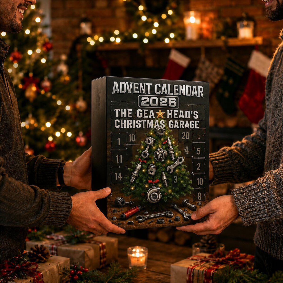 2026 automotive garage advent calendar with 24 car part decorations