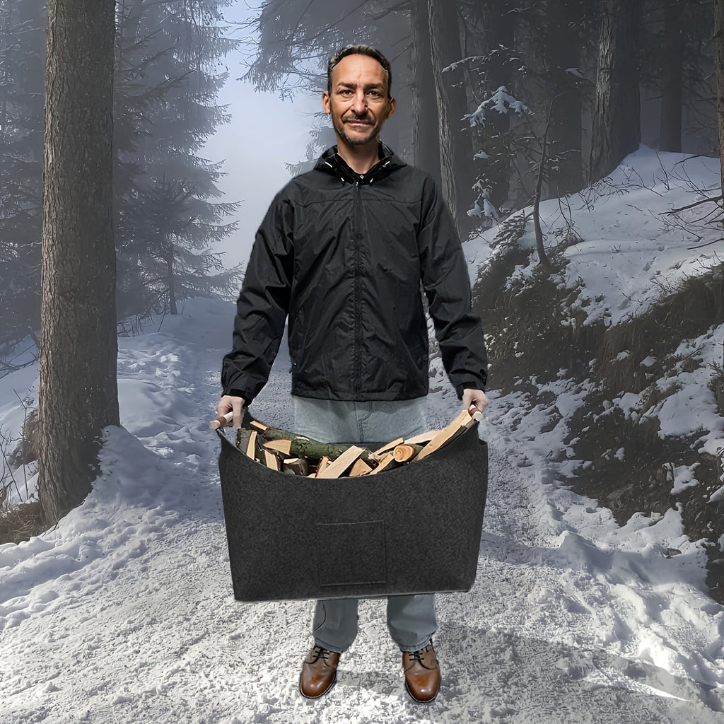 Black felt firewood basket with wooden handles and front pocket