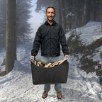 Black felt firewood basket with wooden handles and front pocket