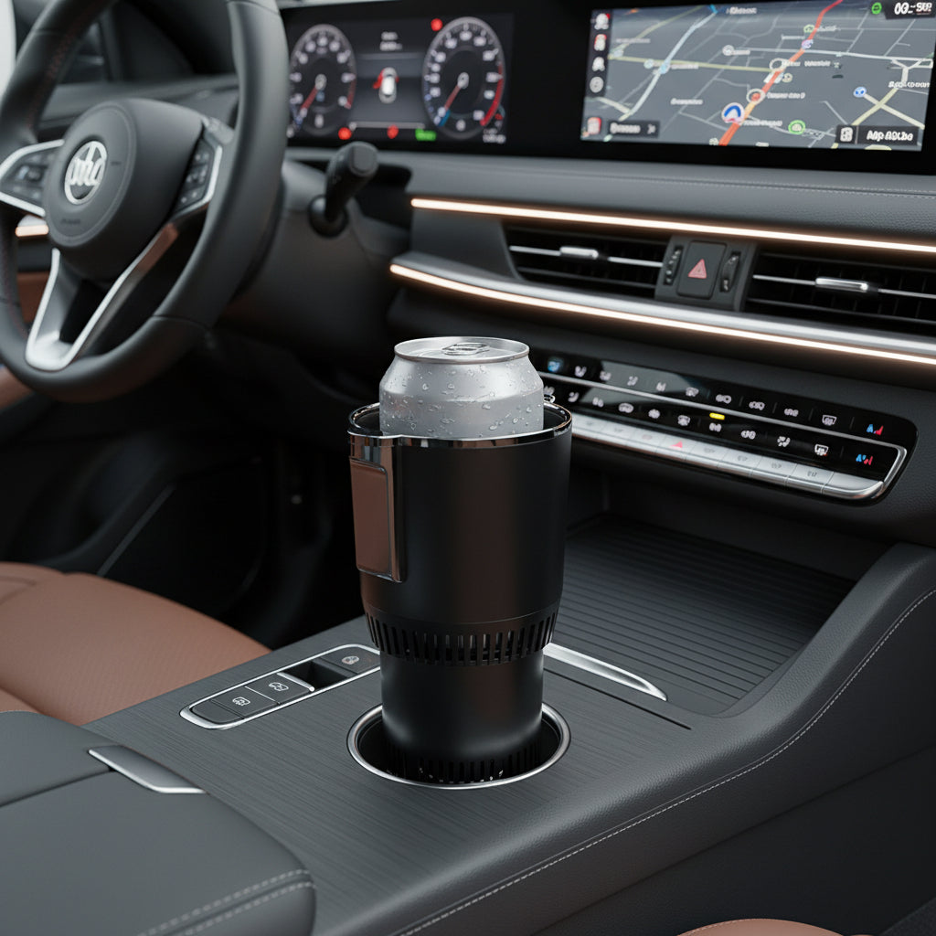Portable heated and cooled drink holder positioned in a vehicle cup holder