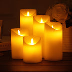 LED flameless candles with flickering flame-shaped lights in pillar and pumpkin-inspired designs