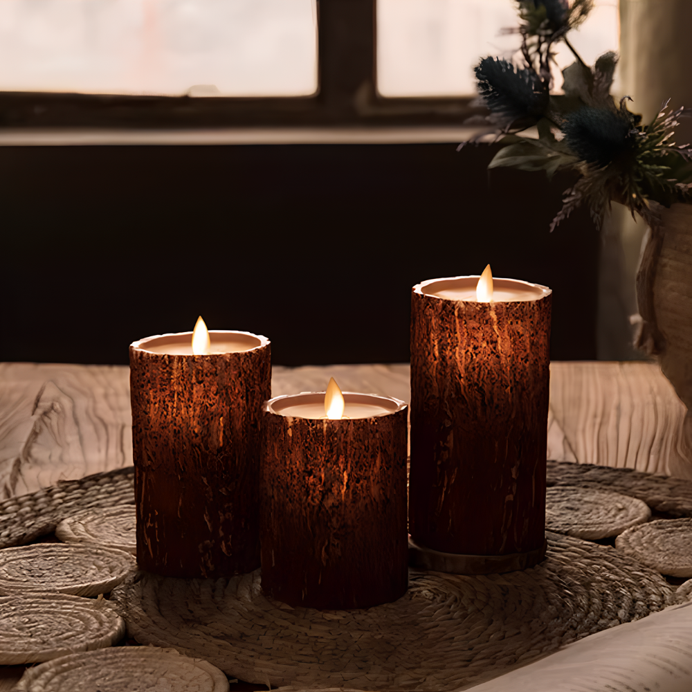 LED flameless candles with flickering flame-shaped lights in pillar and pumpkin-inspired designs