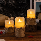 LED flameless candles with flickering flame-shaped lights in pillar and pumpkin-inspired designs