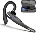 Black wireless Bluetooth headset with ear hook and charging case