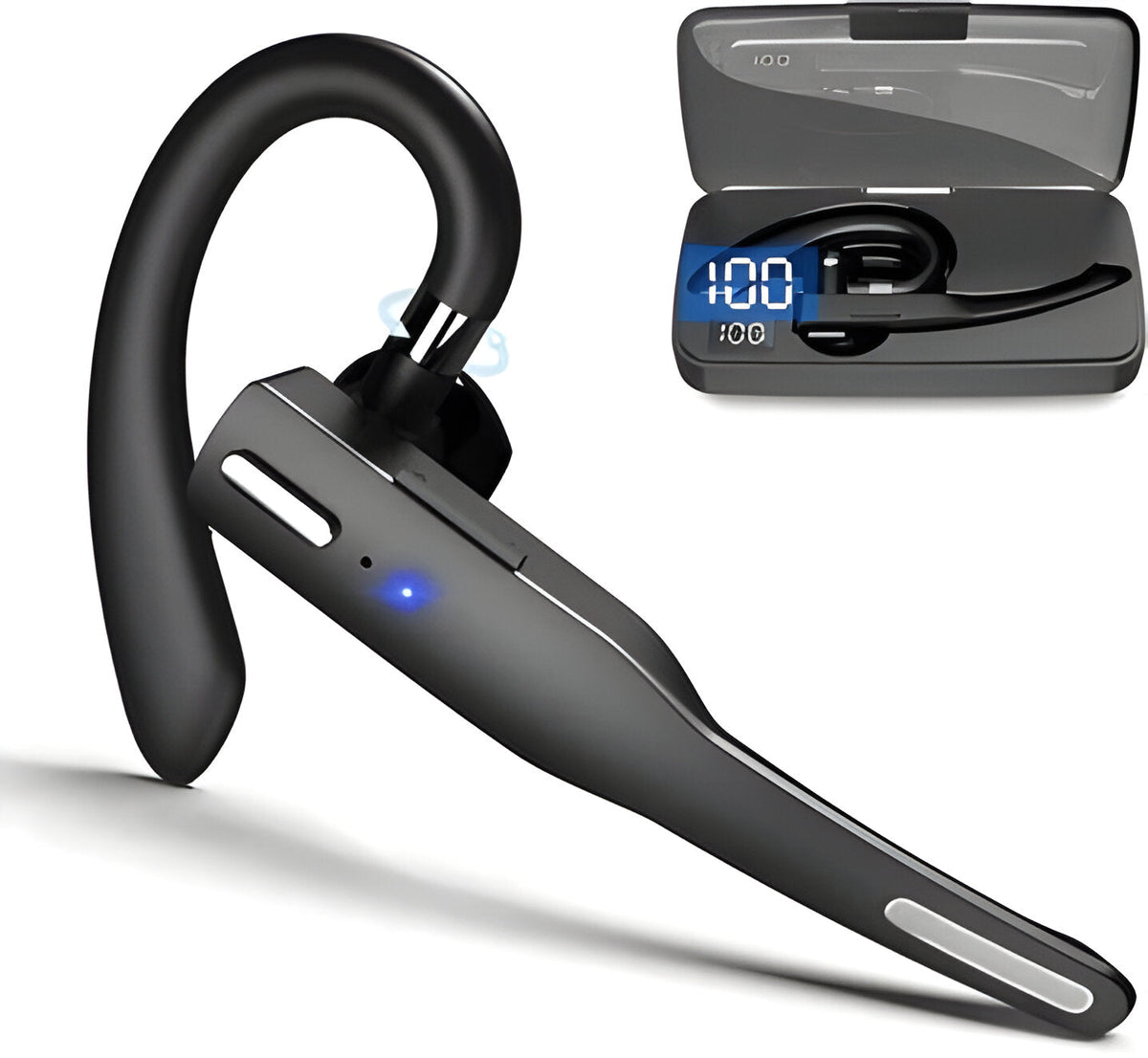 Black wireless Bluetooth headset with ear hook and charging case