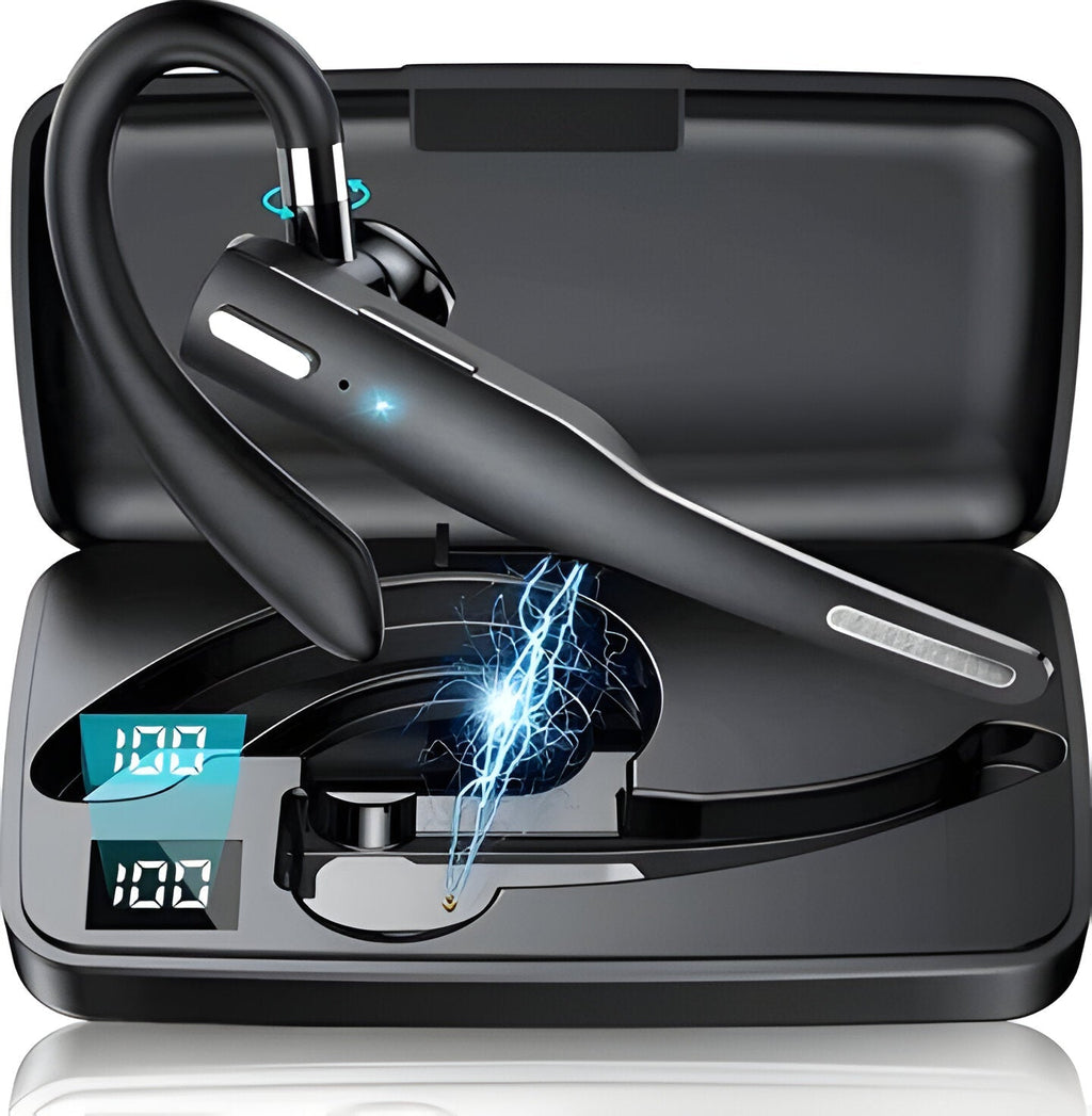 Black wireless Bluetooth headset with ear hook and charging case