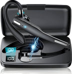 Black wireless Bluetooth headset with ear hook and charging case