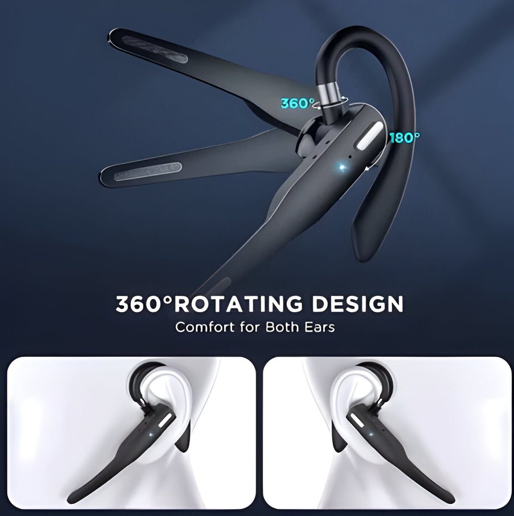 Black wireless Bluetooth headset with ear hook and charging case