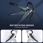 Black wireless Bluetooth headset with ear hook and charging case