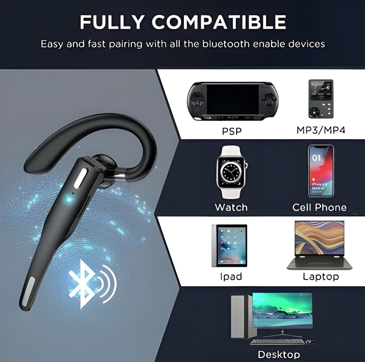 Black wireless Bluetooth headset with ear hook and charging case