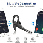Black wireless Bluetooth headset with ear hook and charging case