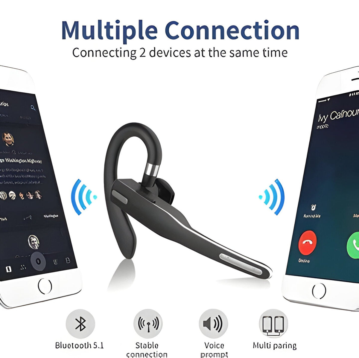 Black wireless Bluetooth headset with ear hook and charging case