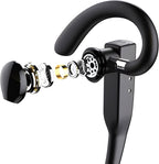 Black wireless Bluetooth headset with ear hook and charging case