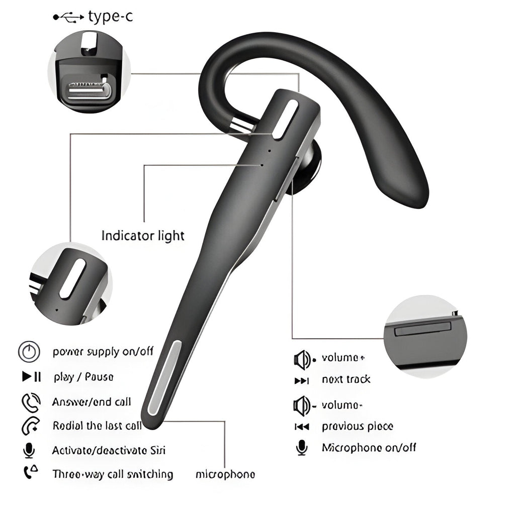 Black wireless Bluetooth headset with ear hook and charging case