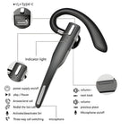 Black wireless Bluetooth headset with ear hook and charging case