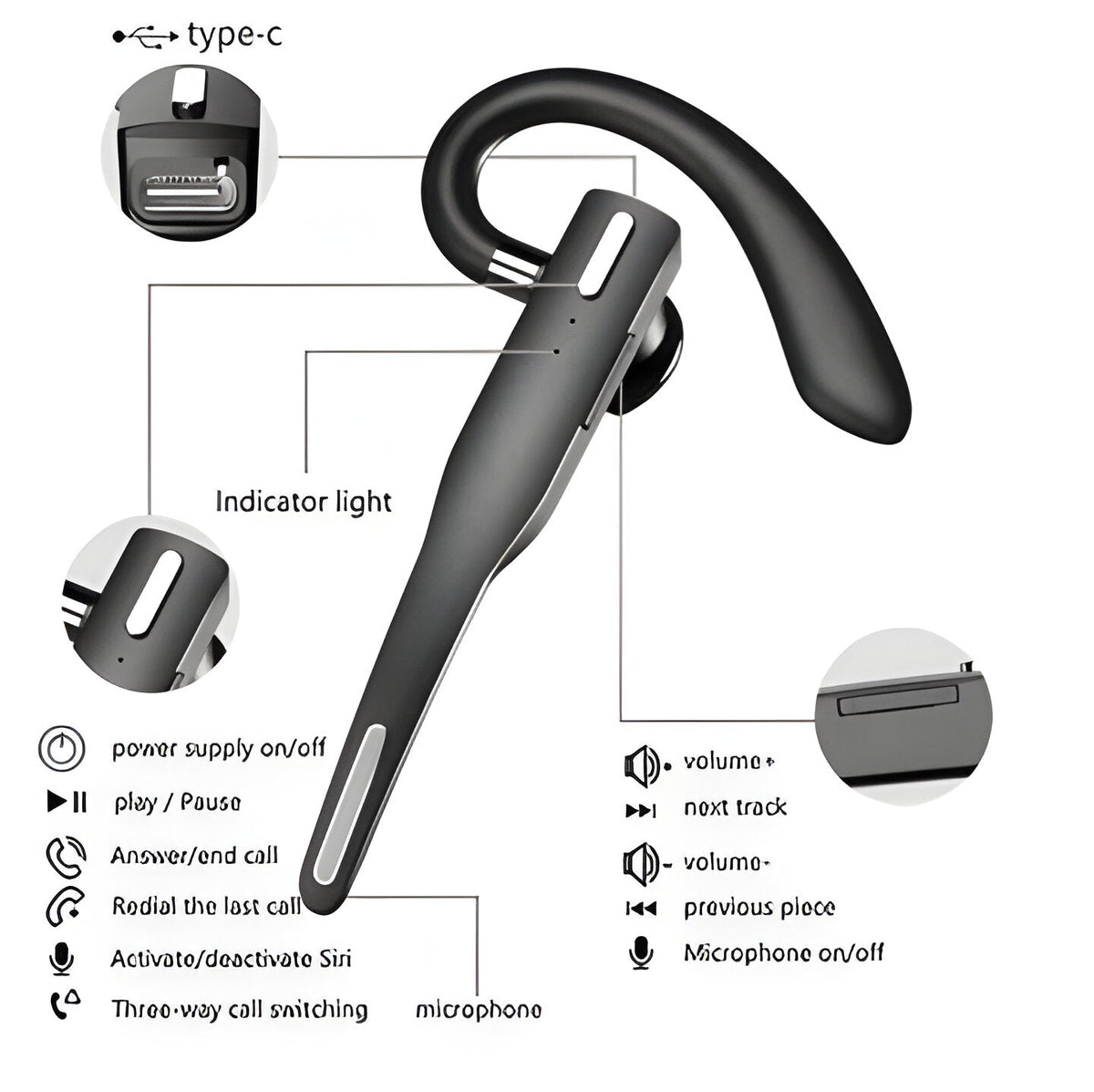 Black wireless Bluetooth headset with ear hook and charging case