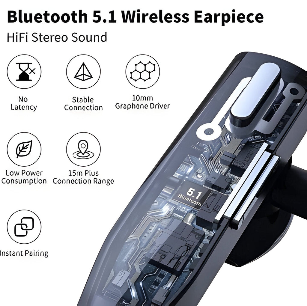 Black wireless Bluetooth headset with ear hook and charging case