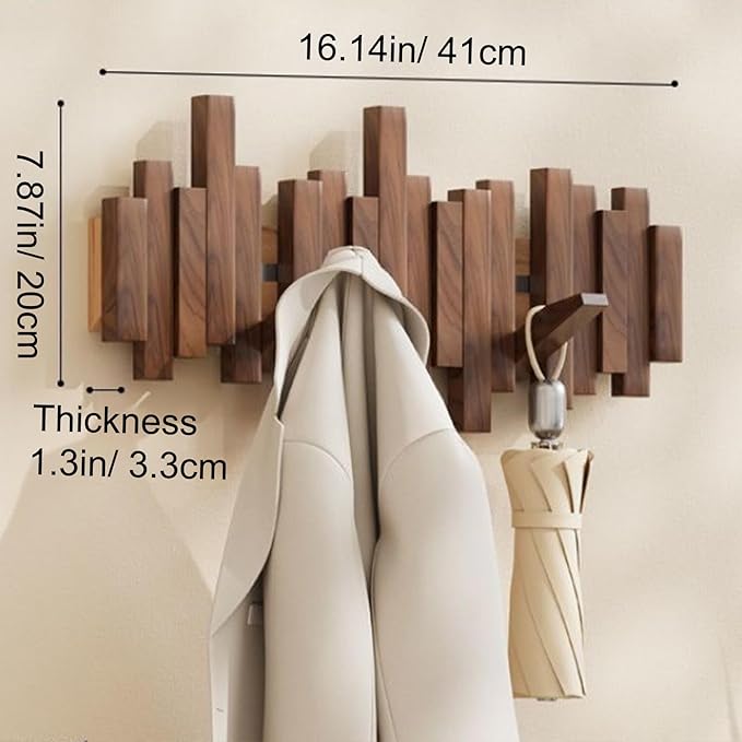 Wall-mounted wooden coat rack with staggered folding hooks