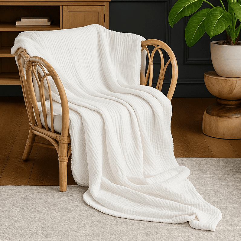 Textured blanket throw with a wavy woven surface draped over a chair