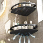 Two-tier corner shower shelf in black and silver with adhesive wall mounts