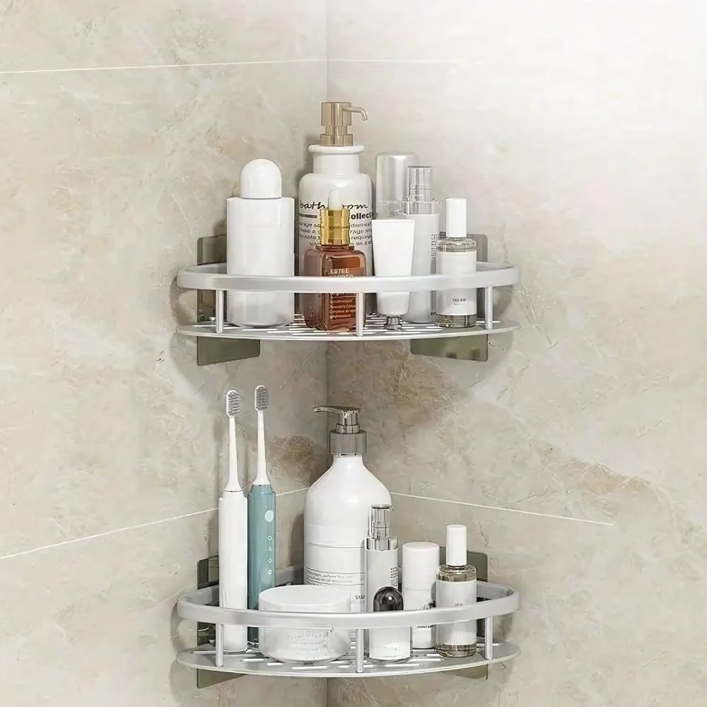 Two-tier corner shower shelf in black and silver with adhesive wall mounts