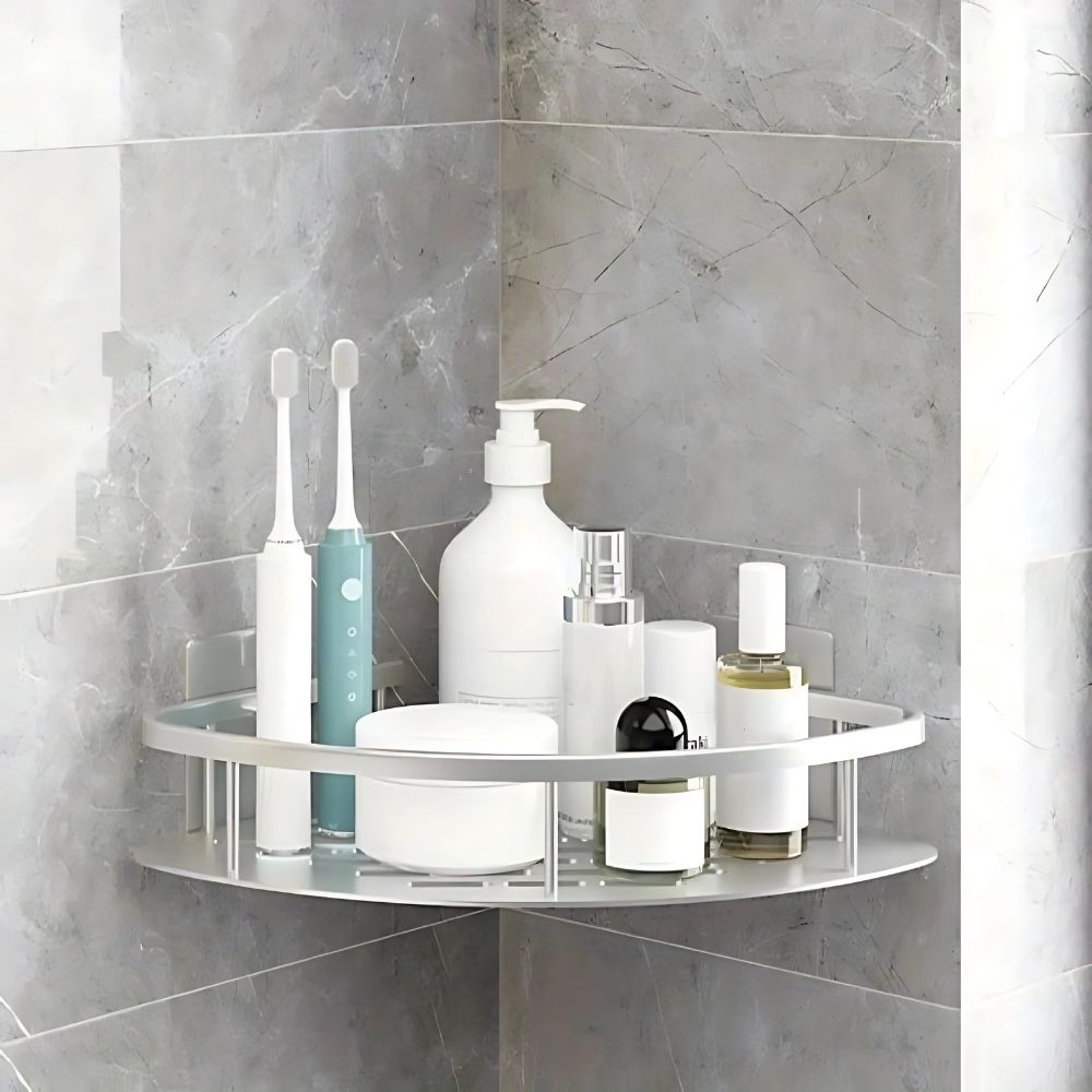 Two-tier corner shower shelf in black and silver with adhesive wall mounts