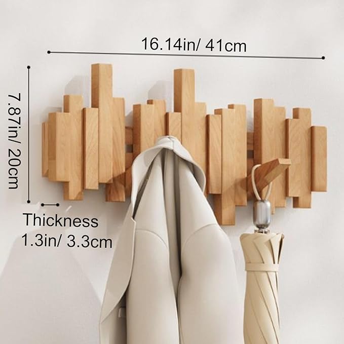 Wall-mounted wooden coat rack with staggered folding hooks
