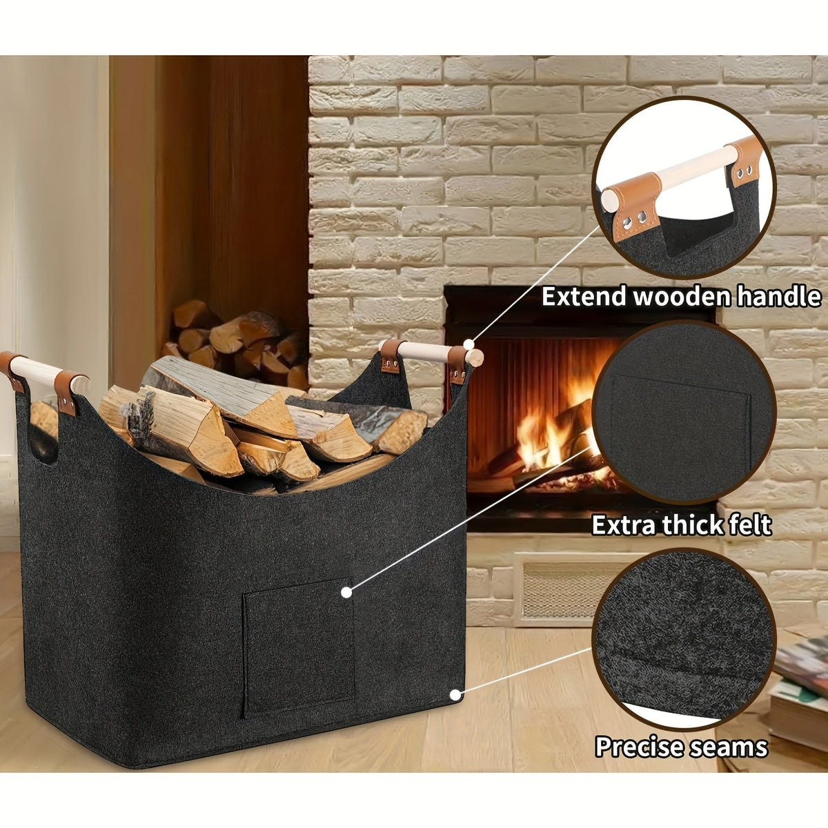 Black felt firewood basket with wooden handles and front pocket