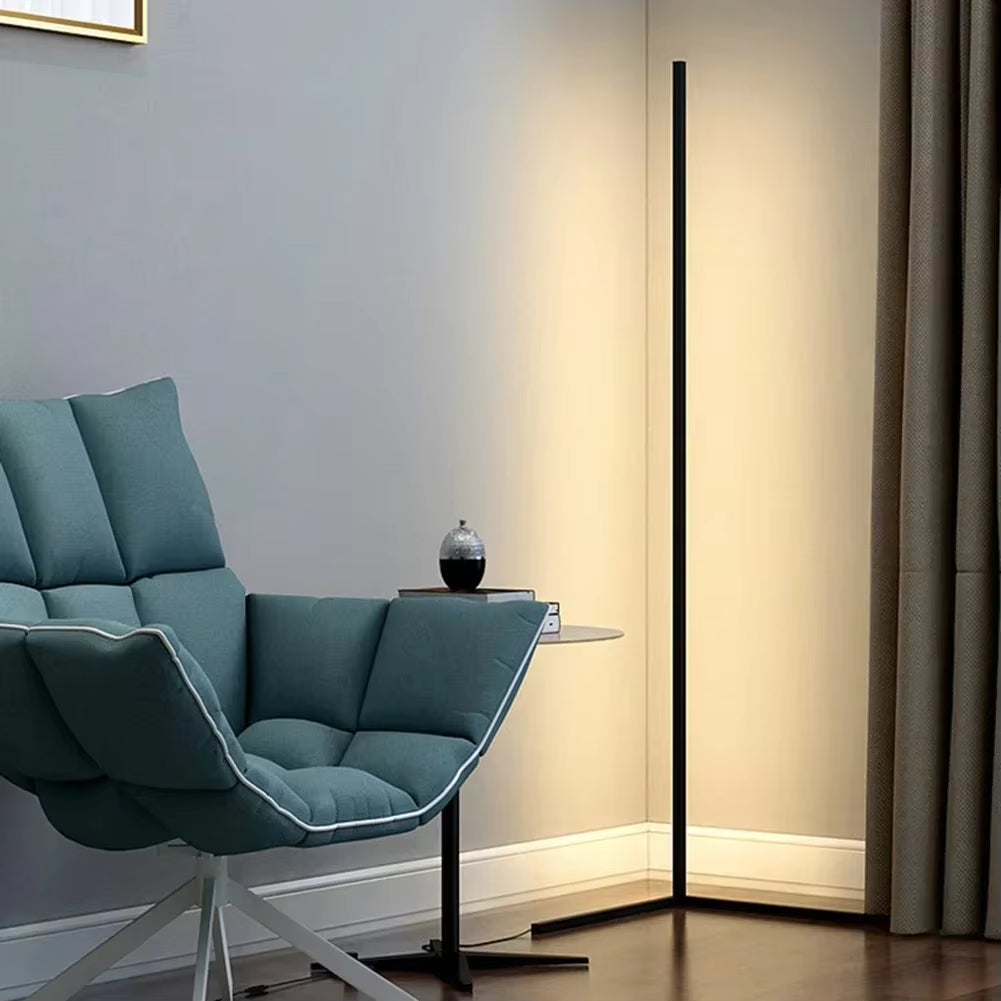 Slim dimmable LED floor lamp with vertical light bar and freestanding base
