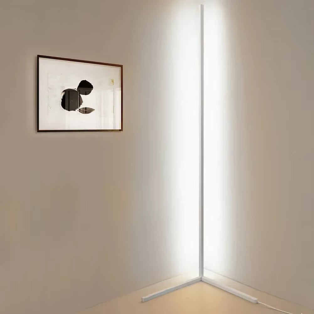 Slim dimmable LED floor lamp with vertical light bar and freestanding base