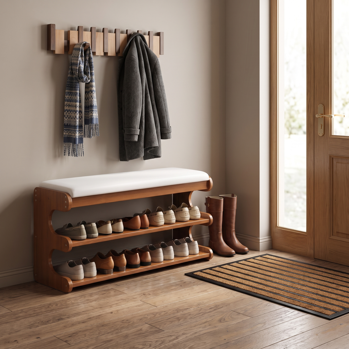 Brown bamboo shoe bench with white padded seat and two open storage shelves