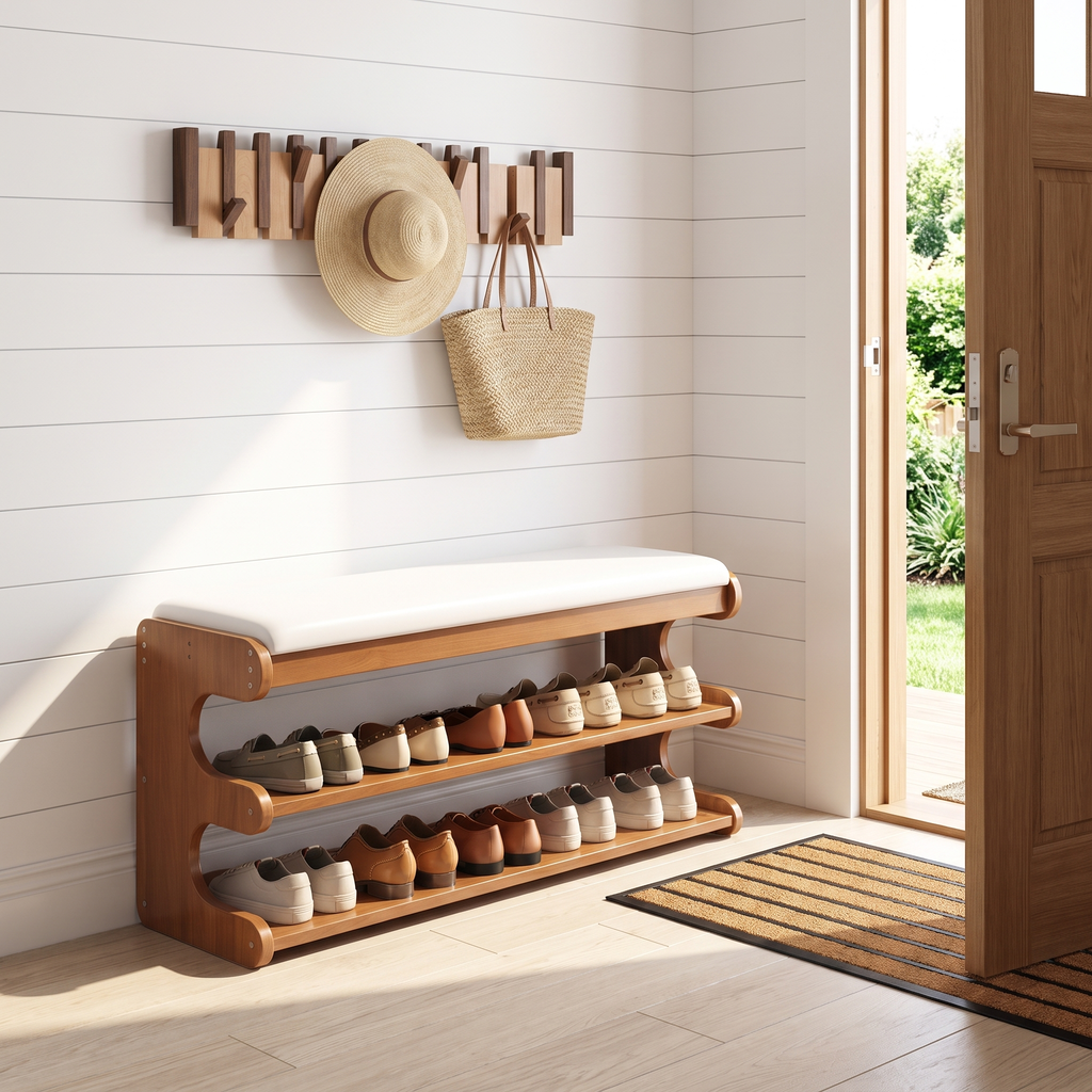 Brown bamboo shoe bench with white padded seat and two open storage shelves