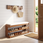 Brown bamboo shoe bench with white padded seat and two open storage shelves