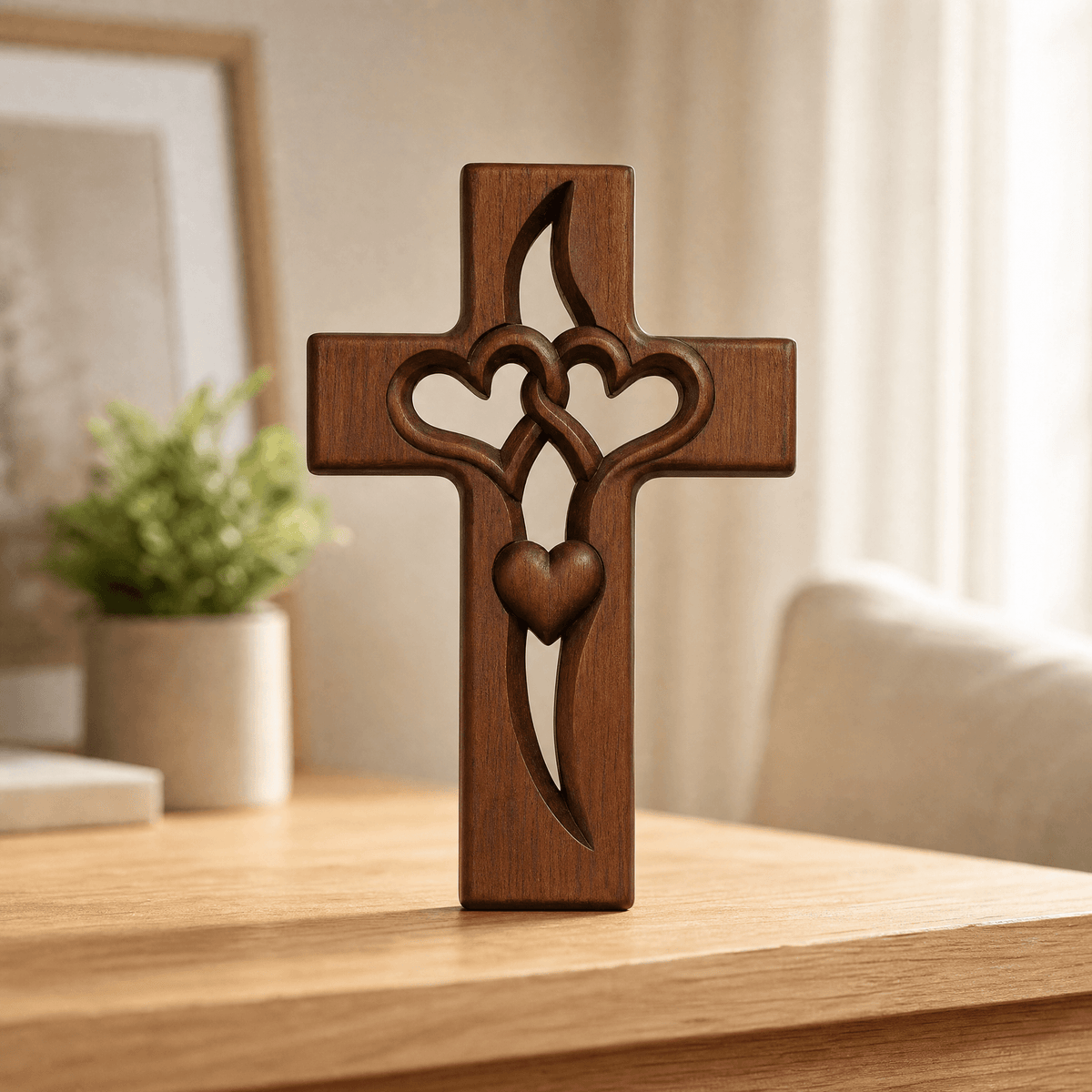 Intertwined heart cross wall decor with raised heart details