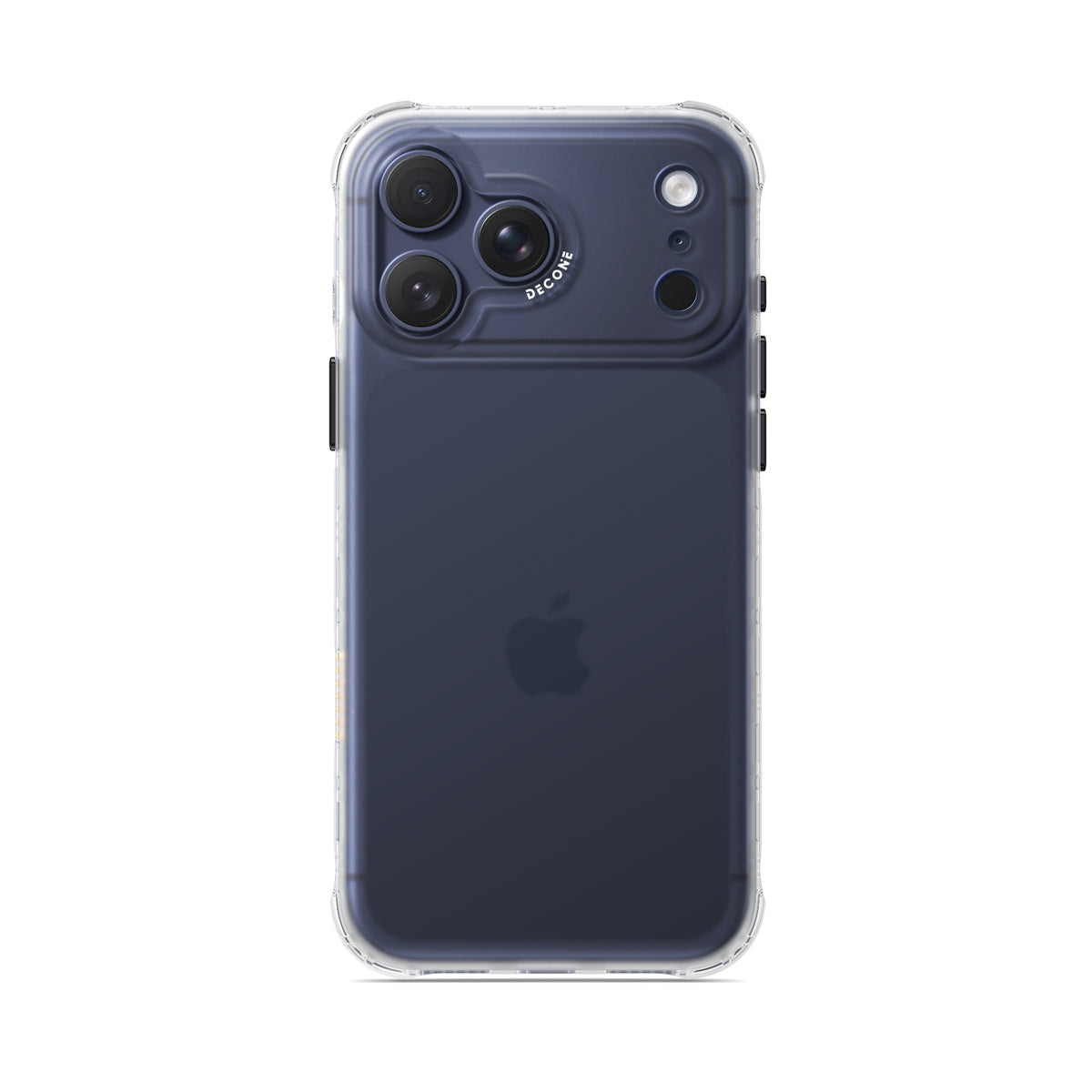 Clear translucent iPhone case with white circular ring and camera cutout