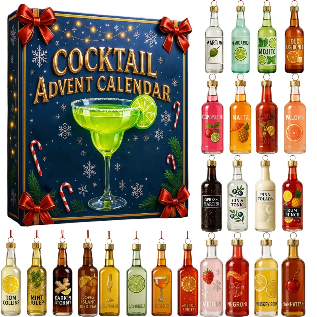 Blue cocktail advent calendar with 24 mini hanging bottle decorations