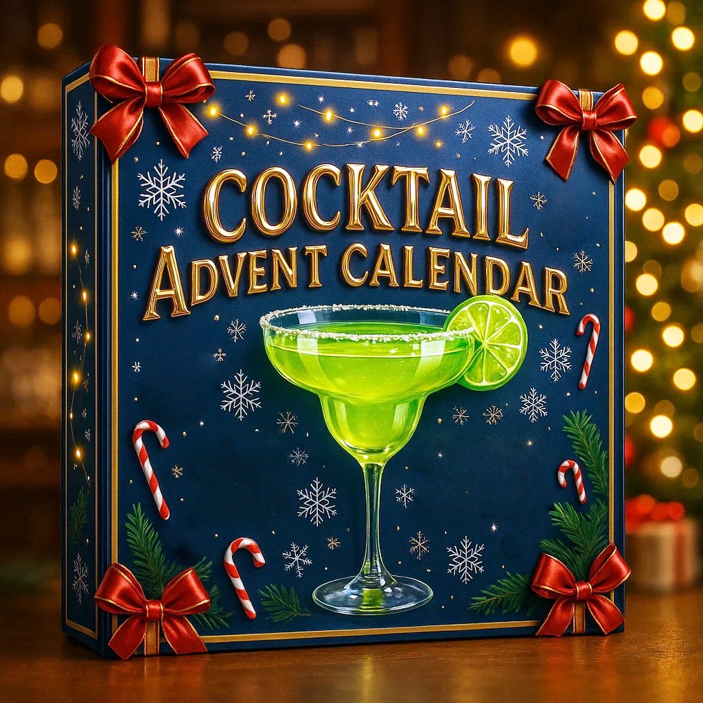 Blue cocktail advent calendar with 24 mini hanging bottle decorations