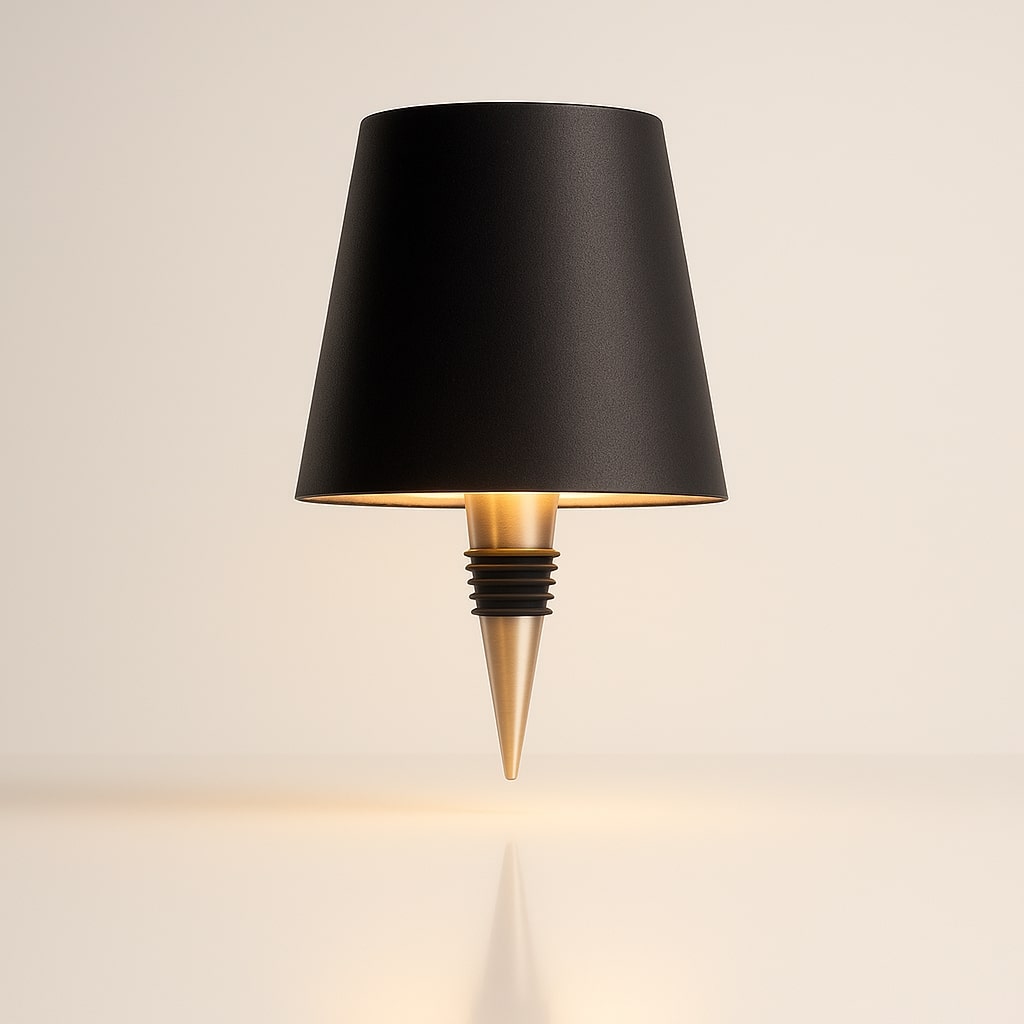 Decorative table lamp with conical shade and pointed base