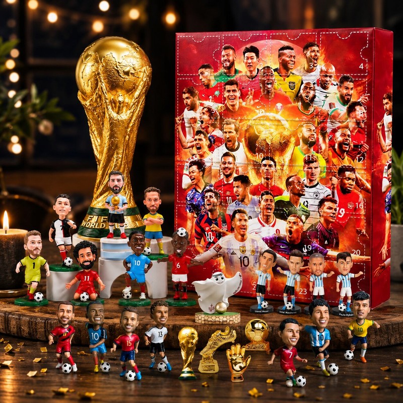 Red football advent calendar with 24 numbered doors and football player artwork