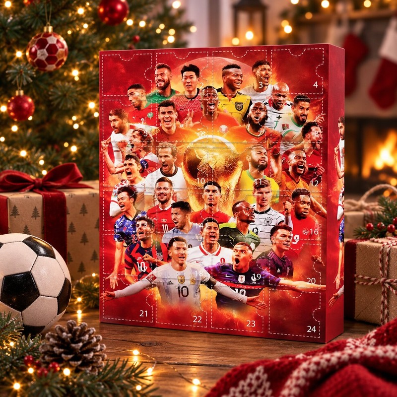Red football advent calendar with 24 numbered doors and football player artwork