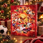 Red football advent calendar with 24 numbered doors and football player artwork
