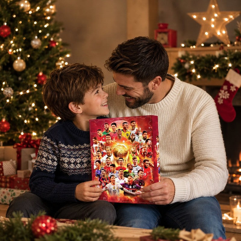 Red football advent calendar with 24 numbered doors and football player artwork