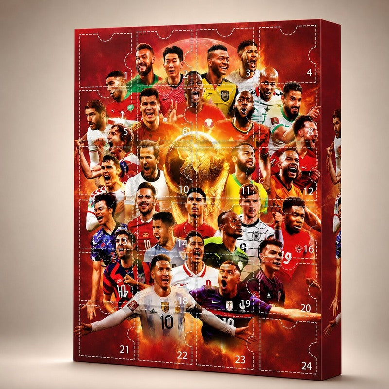 Red football advent calendar with 24 numbered doors and football player artwork