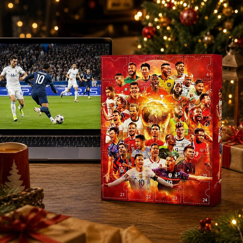 Red football advent calendar with 24 numbered doors and football player artwork