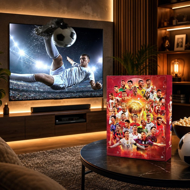 Red football advent calendar with 24 numbered doors and football player artwork