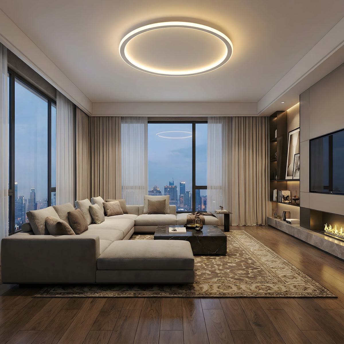 Round LED ceiling light with a circular illuminated ring