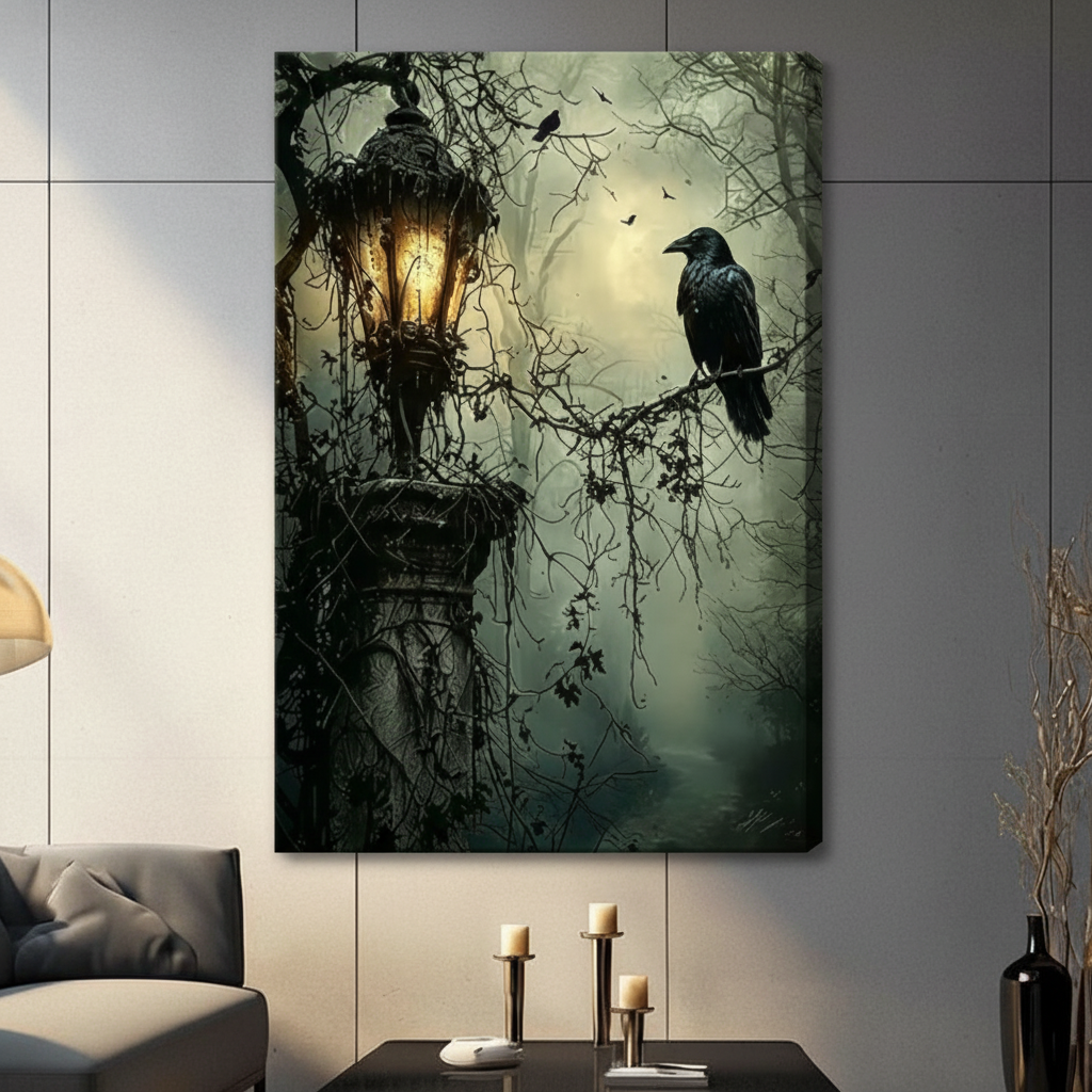 Framed gothic raven canvas wall art with a forest lantern scene