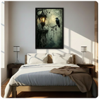 Framed gothic raven canvas wall art with a forest lantern scene
