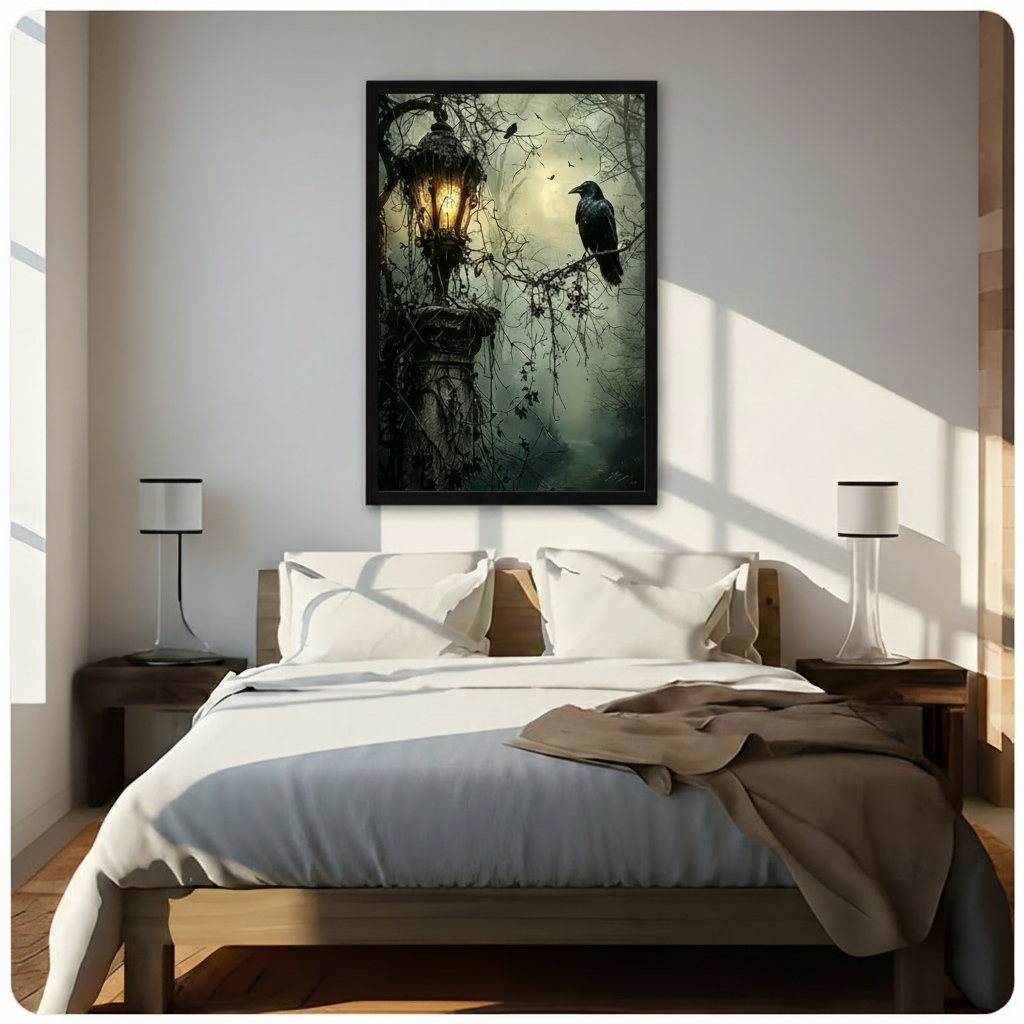 Framed gothic raven canvas wall art with a forest lantern scene