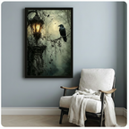 Framed gothic raven canvas wall art with a forest lantern scene